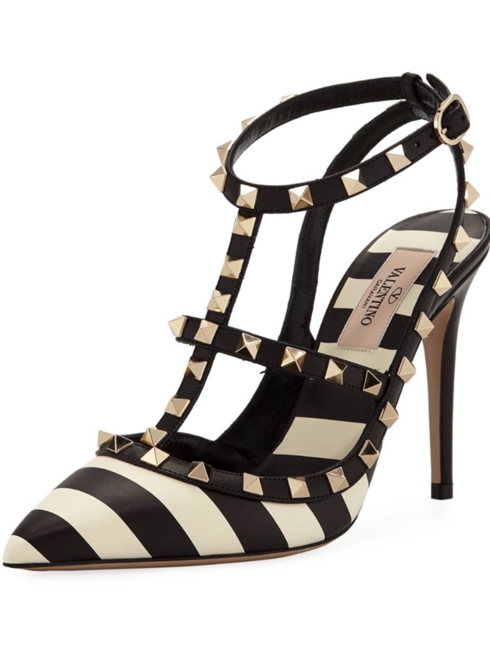 Valentino Black and Cream Striped Rockstud T-Strap Pump